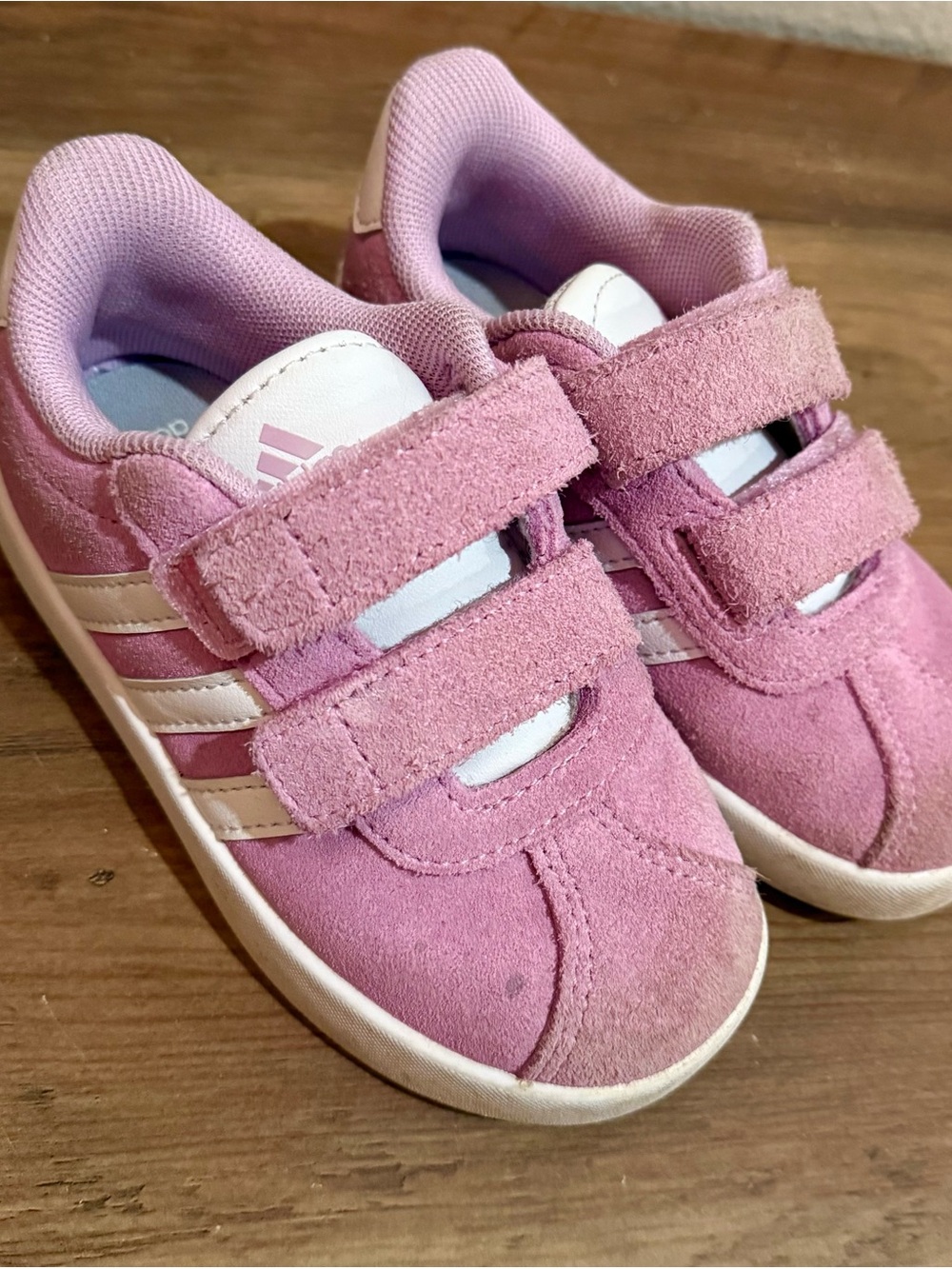 adidas Kids Pink Suede Velcro Sneakers with White Stripes
